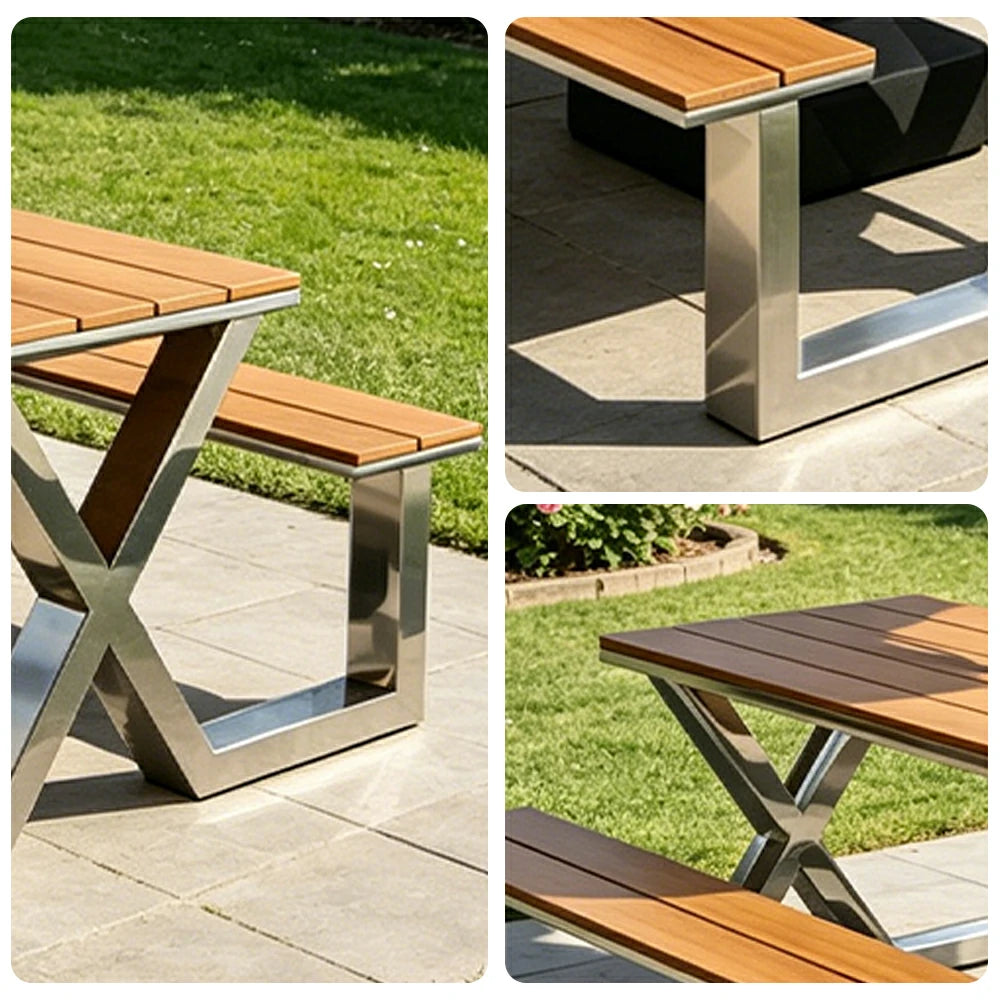 SOLARA Outdoor Table Bench Set Stainless Steel Frame with Umbrella 120/160/200cm Patio Cafe Commercial Use - Silver
