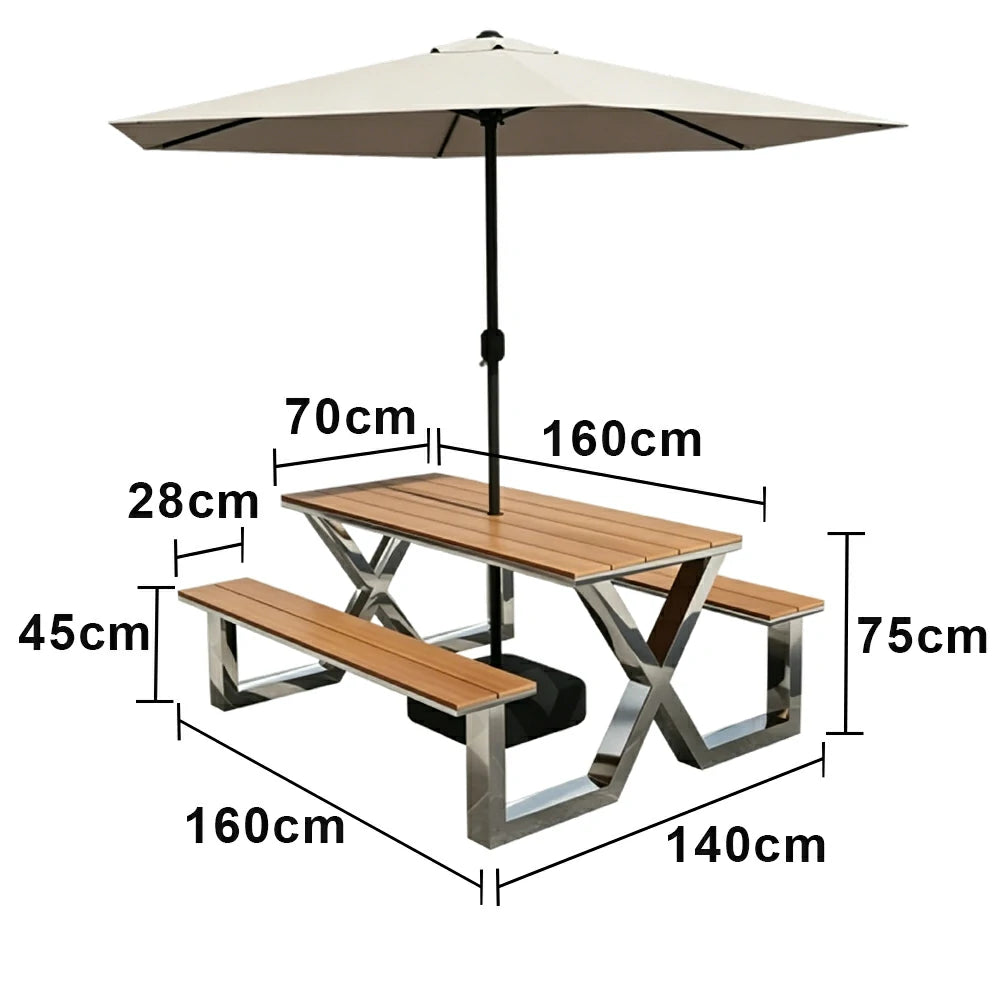 SOLARA Outdoor Table Bench Set Stainless Steel Frame with Umbrella 120/160/200cm Patio Cafe Commercial Use - Silver