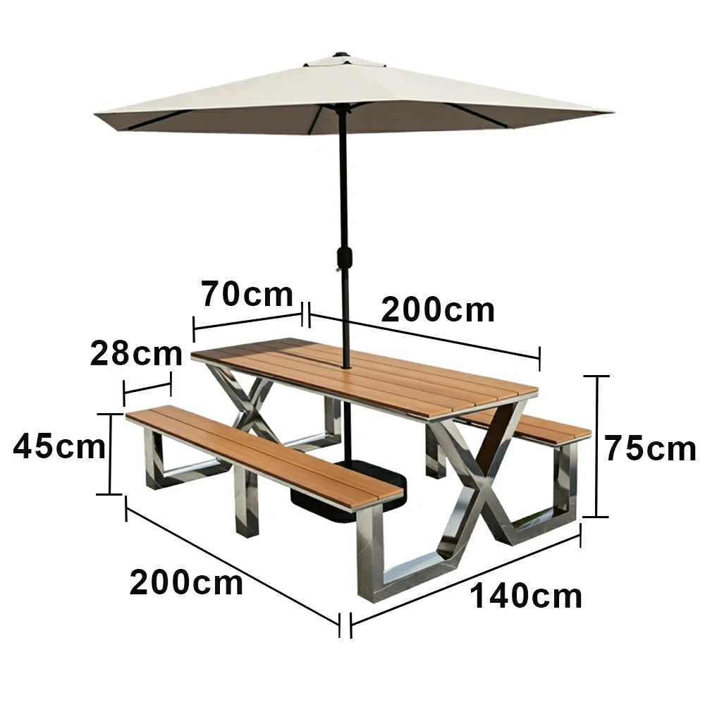SOLARA Outdoor Table Bench Set Stainless Steel Frame with Umbrella 120/160/200cm Patio Cafe Commercial Use - Silver