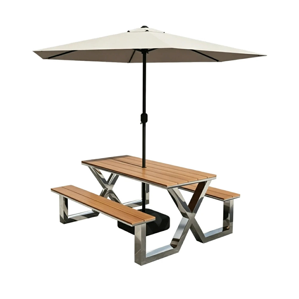 SOLARA Outdoor Table Bench Set Stainless Steel Frame with Umbrella 120/160/200cm Patio Cafe Commercial Use - Silver