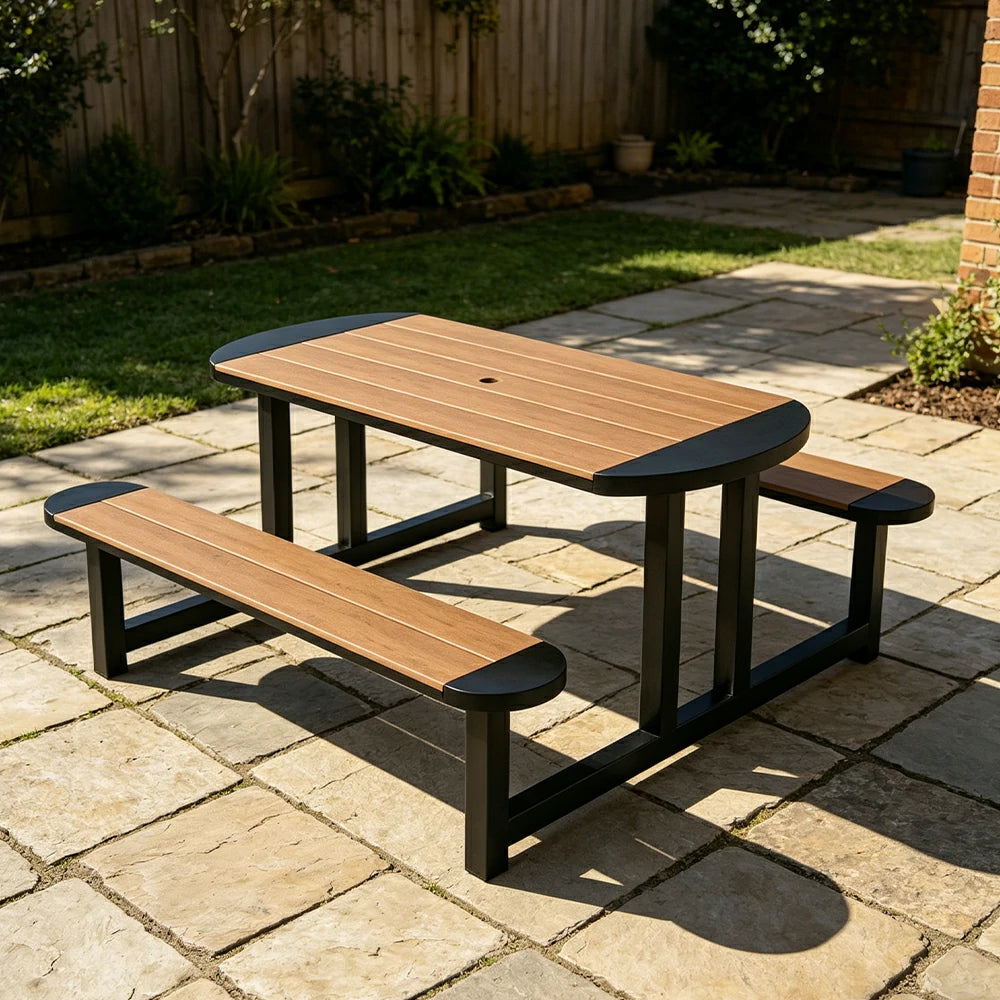 SOLARA Outdoor Picnic Table Bench Set 120/150cm Patio Garden Cafe Dining Use - Black