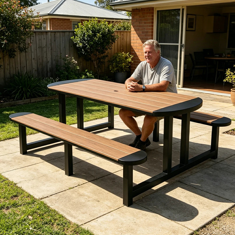 SOLARA Outdoor Picnic Table Bench Set 120/150cm Patio Garden Cafe Dining Use - Black