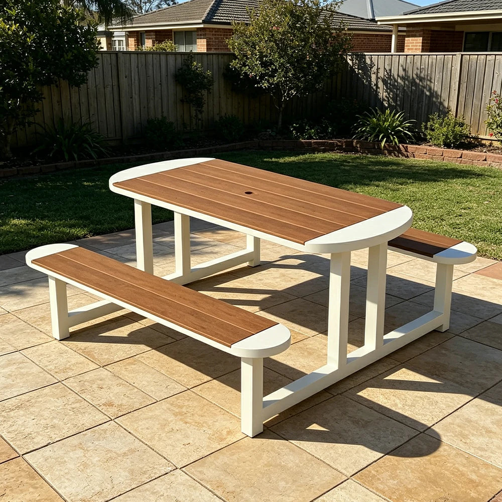 SOLARA Outdoor Picnic Table Bench Set 120/150cm Patio Garden Cafe Dining Use - White