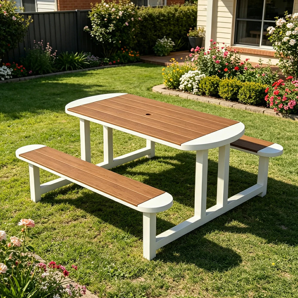 SOLARA Outdoor Picnic Table Bench Set 120/150cm Patio Garden Cafe Dining Use - White