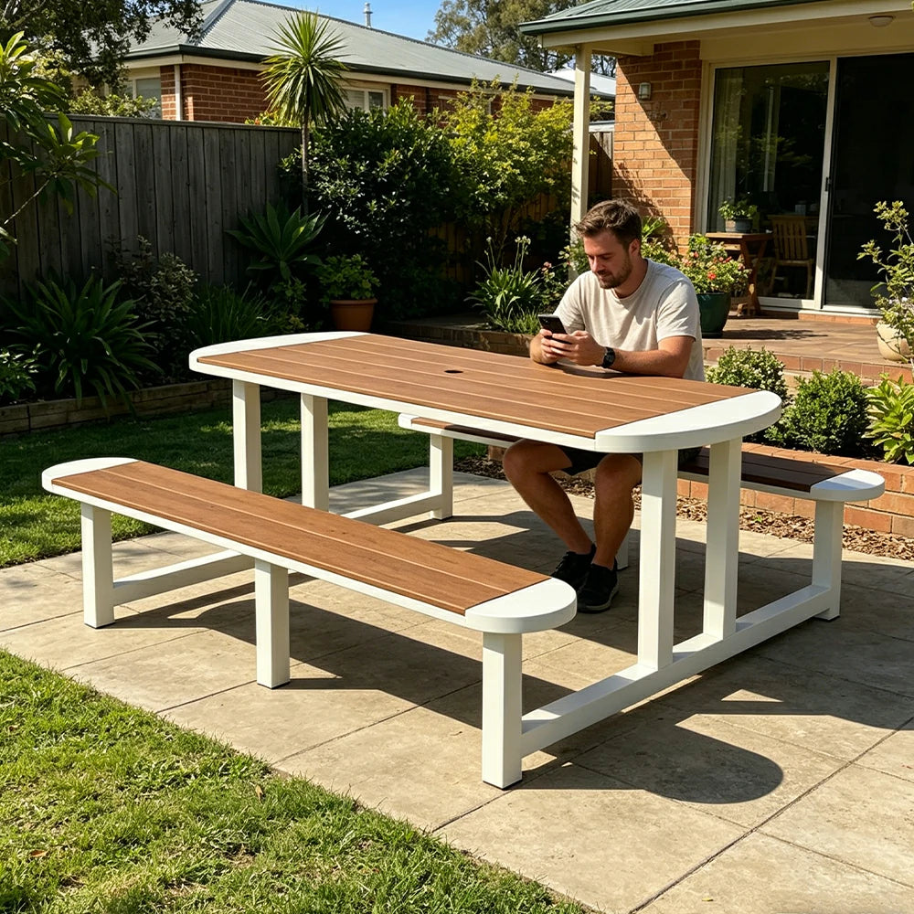 SOLARA Outdoor Picnic Table Bench Set 120/150cm Patio Garden Cafe Dining Use - White