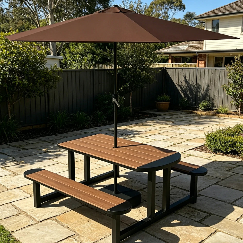 SOLARA Outdoor Picnic Table Bench Set with Umbrella 120/150cm Patio Garden Cafe Dining Use - Black