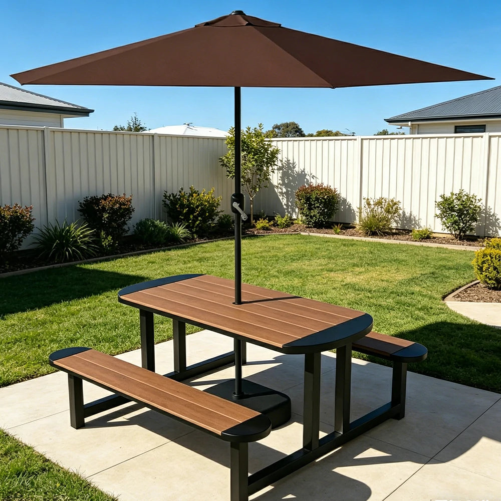 SOLARA Outdoor Picnic Table Bench Set with Umbrella 120/150cm Patio Garden Cafe Dining Use - Black