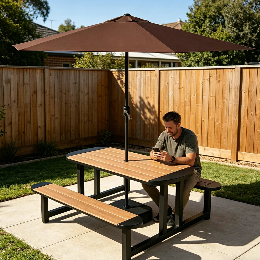 SOLARA Outdoor Picnic Table Bench Set with Umbrella 120/150cm Patio Garden Cafe Dining Use - Black