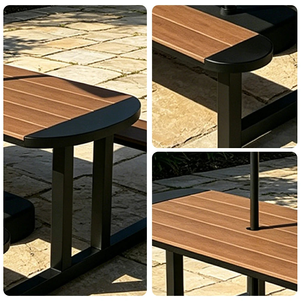 SOLARA Outdoor Picnic Table Bench Set with Umbrella 120/150cm Patio Garden Cafe Dining Use - Black