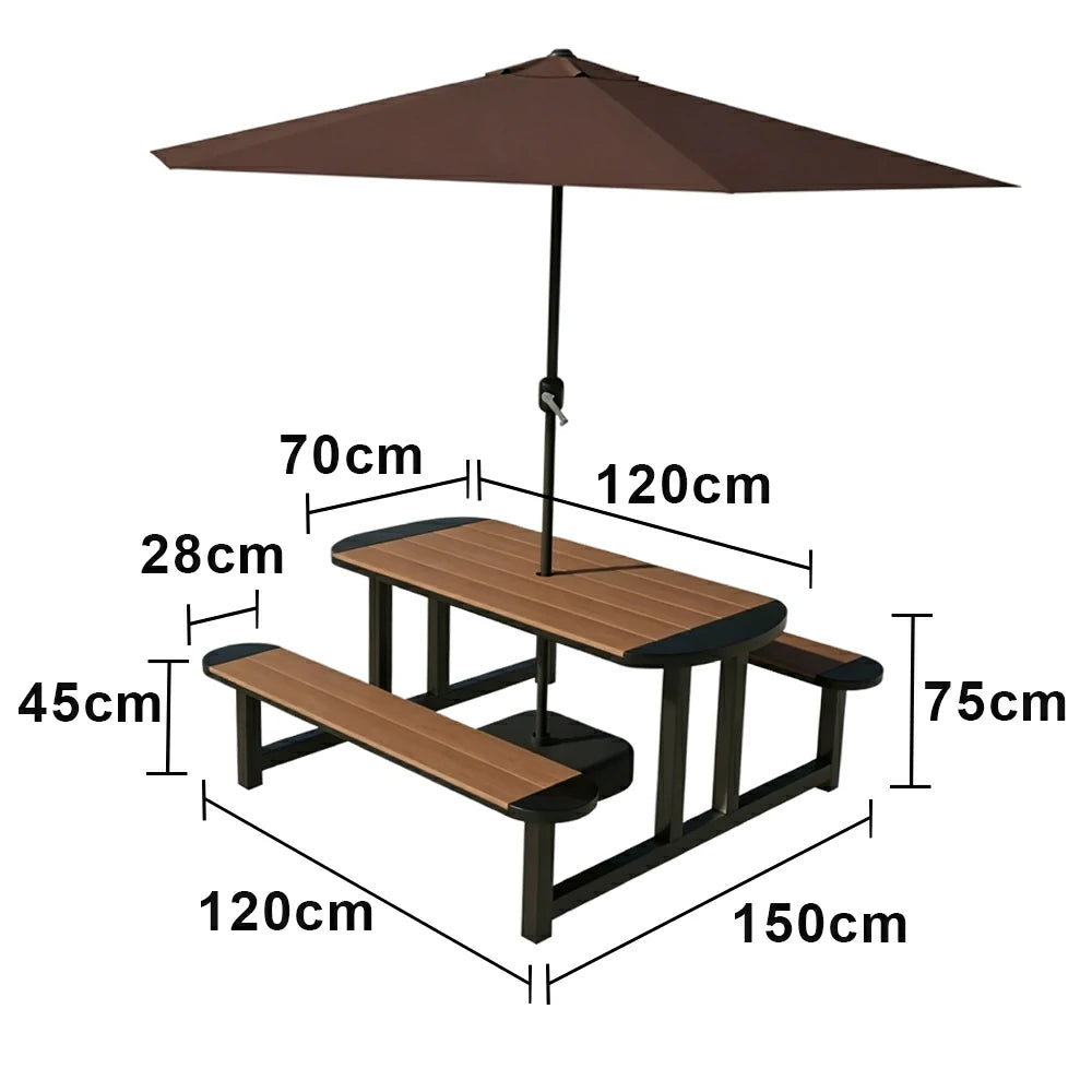 SOLARA Outdoor Picnic Table Bench Set with Umbrella 120/150cm Patio Garden Cafe Dining Use - Black