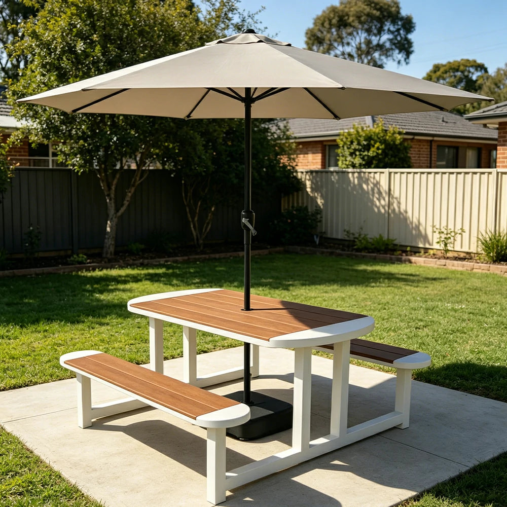 SOLARA Outdoor Picnic Table Bench Set with Umbrella 120/150cm Patio Garden Cafe Dining Use - White