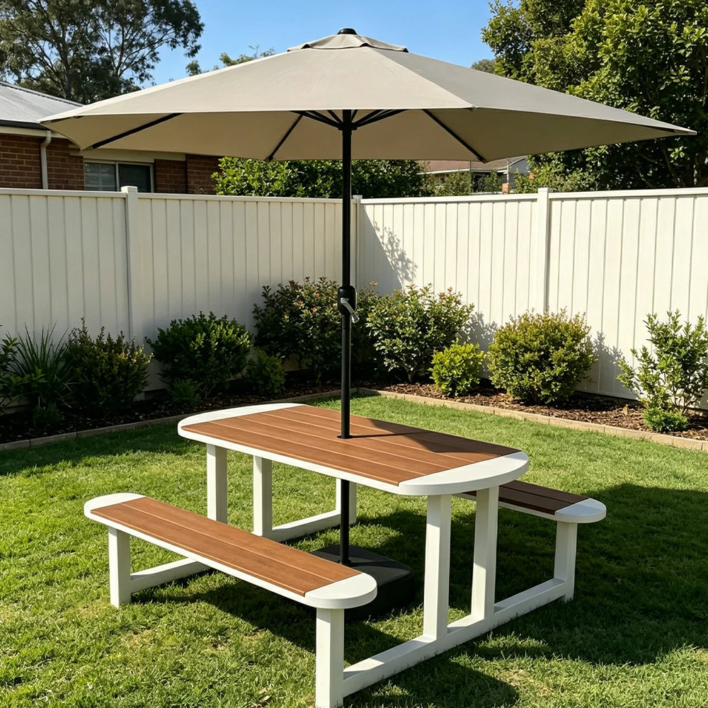 SOLARA Outdoor Picnic Table Bench Set with Umbrella 120/150cm Patio Garden Cafe Dining Use - White