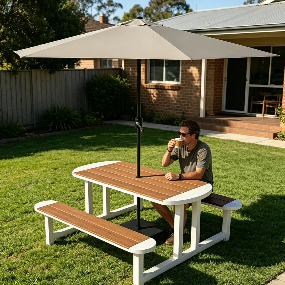 SOLARA Outdoor Picnic Table Bench Set with Umbrella 120/150cm Patio Garden Cafe Dining Use - White