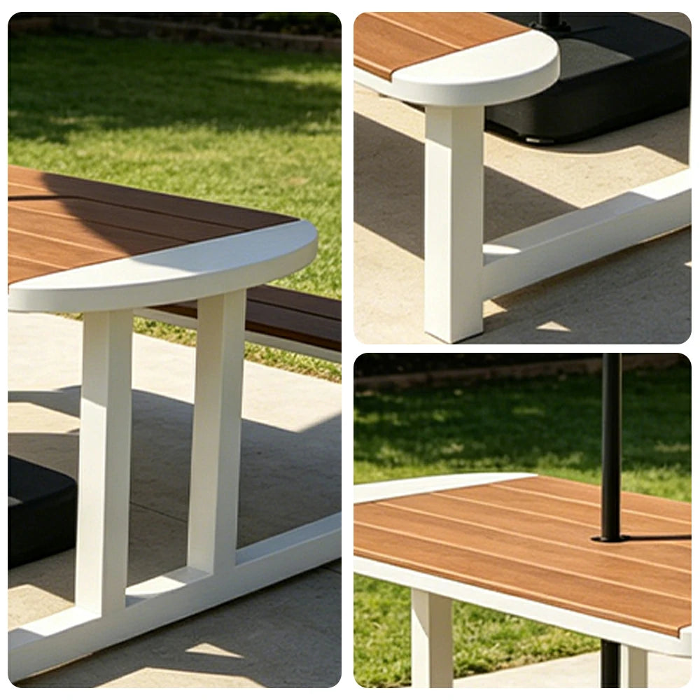 SOLARA Outdoor Picnic Table Bench Set with Umbrella 120/150cm Patio Garden Cafe Dining Use - White