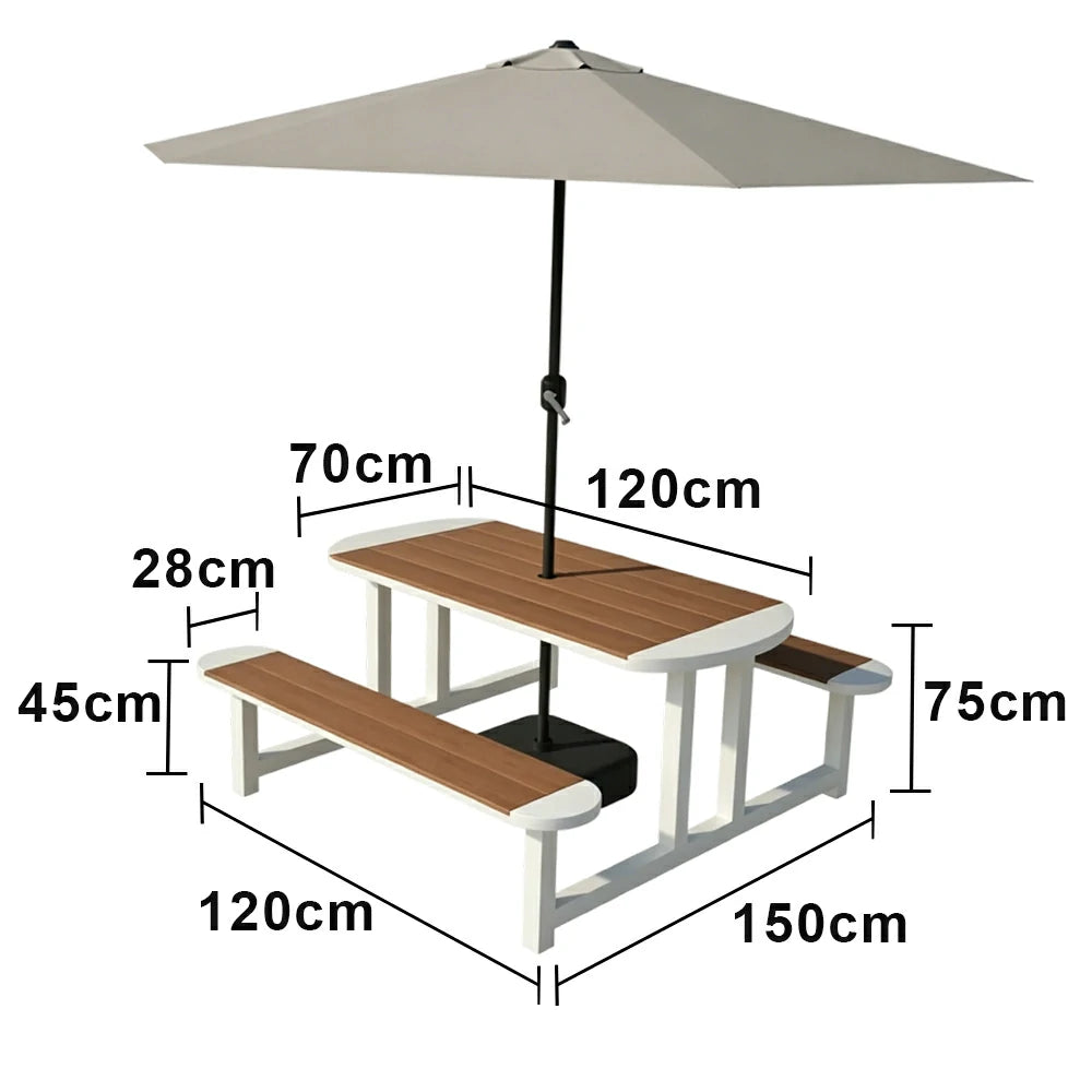 SOLARA Outdoor Picnic Table Bench Set with Umbrella 120/150cm Patio Garden Cafe Dining Use - White