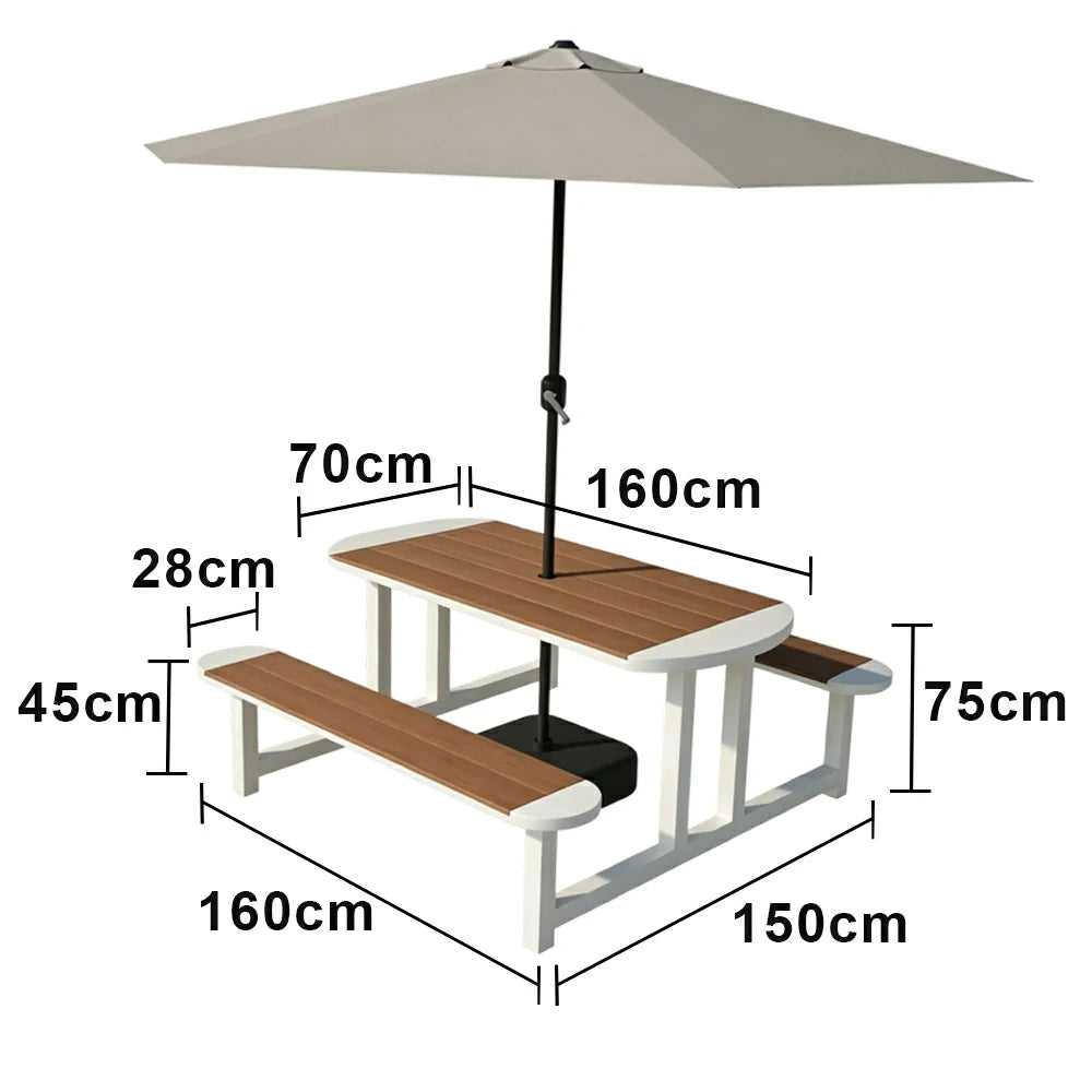 SOLARA Outdoor Picnic Table Bench Set with Umbrella 120/150cm Patio Garden Cafe Dining Use - White