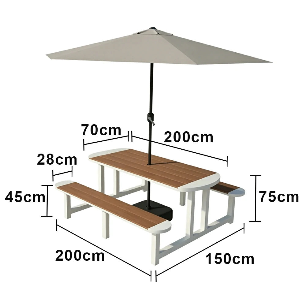 SOLARA Outdoor Picnic Table Bench Set with Umbrella 120/150cm Patio Garden Cafe Dining Use - White