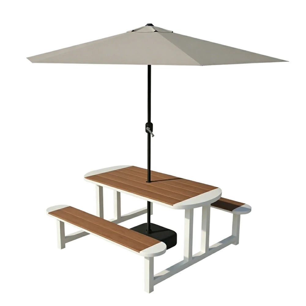 SOLARA Outdoor Picnic Table Bench Set with Umbrella 120/150cm Patio Garden Cafe Dining Use - White