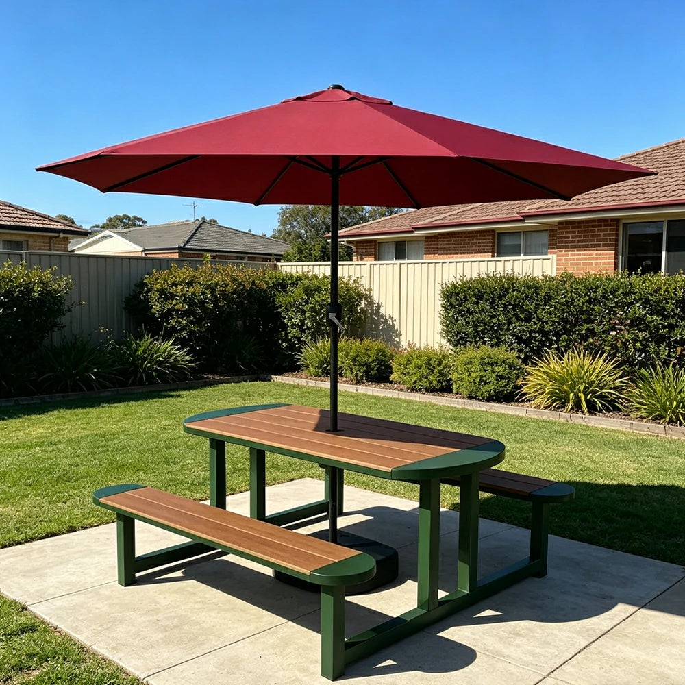 SOLARA Outdoor Picnic Table Bench Set with Umbrella 120/150cm Patio Garden Cafe Dining Use - Green