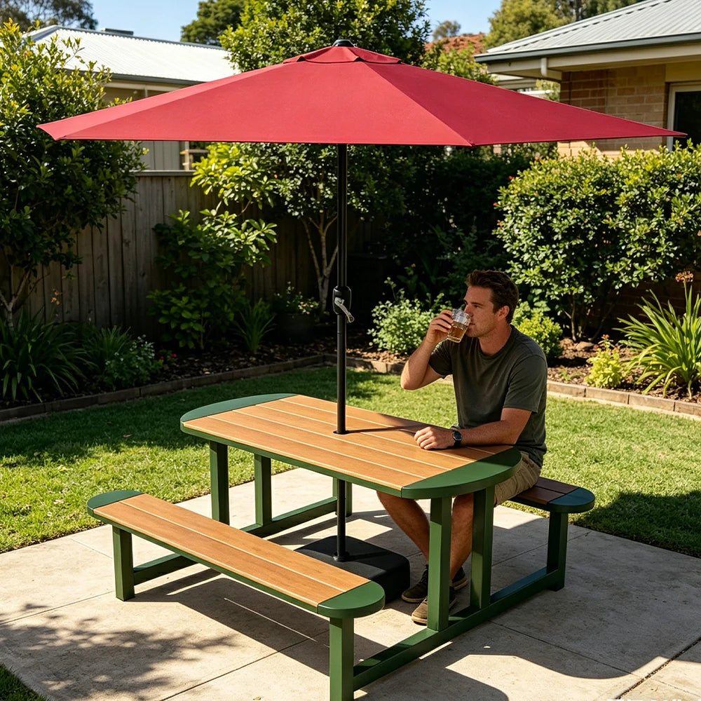 SOLARA Outdoor Picnic Table Bench Set with Umbrella 120/150cm Patio Garden Cafe Dining Use - Green