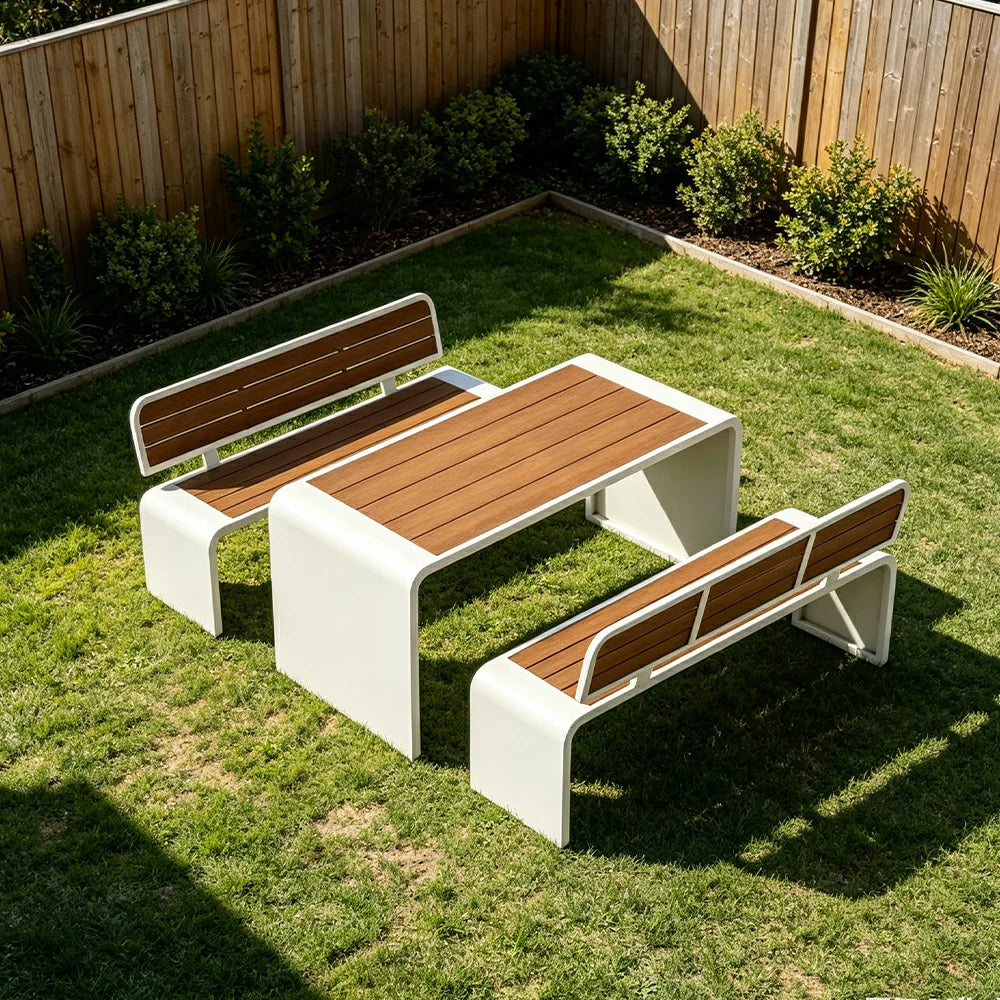 SOLARA Outdoor Table Bench Set Backrest Seating 120/160/200cm Patio Garden Cafe Dining Set - White