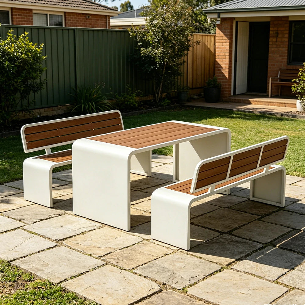 SOLARA Outdoor Table Bench Set Backrest Seating 120/160/200cm Patio Garden Cafe Dining Set - White