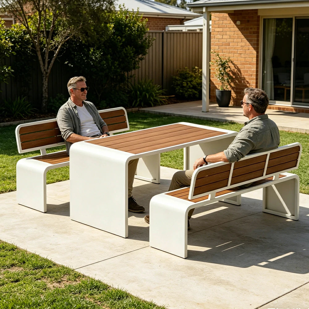SOLARA Outdoor Table Bench Set Backrest Seating 120/160/200cm Patio Garden Cafe Dining Set - White