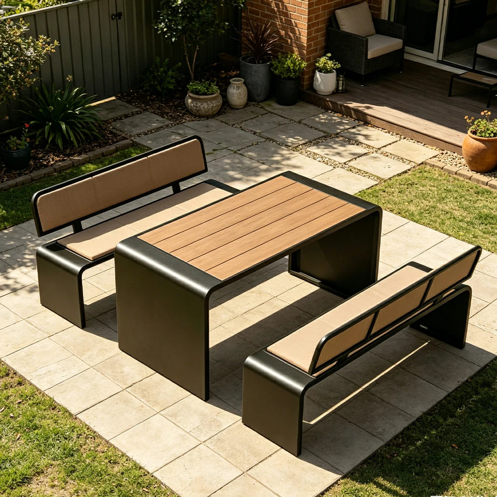 SOLARA Outdoor Table Bench Set Backrest Seating 120/160/200cm Patio Garden Cafe Dining Set - Black