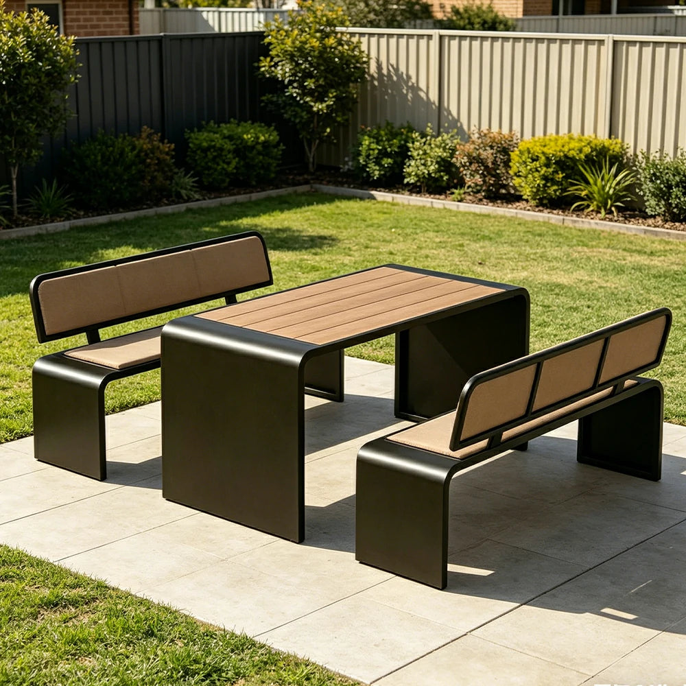 SOLARA Outdoor Table Bench Set Backrest Seating 120/160/200cm Patio Garden Cafe Dining Set - Black