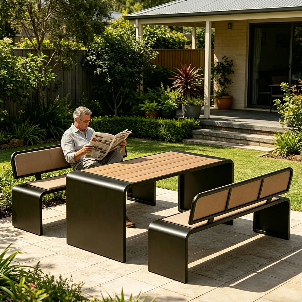 SOLARA Outdoor Table Bench Set Backrest Seating 120/160/200cm Patio Garden Cafe Dining Set - Black