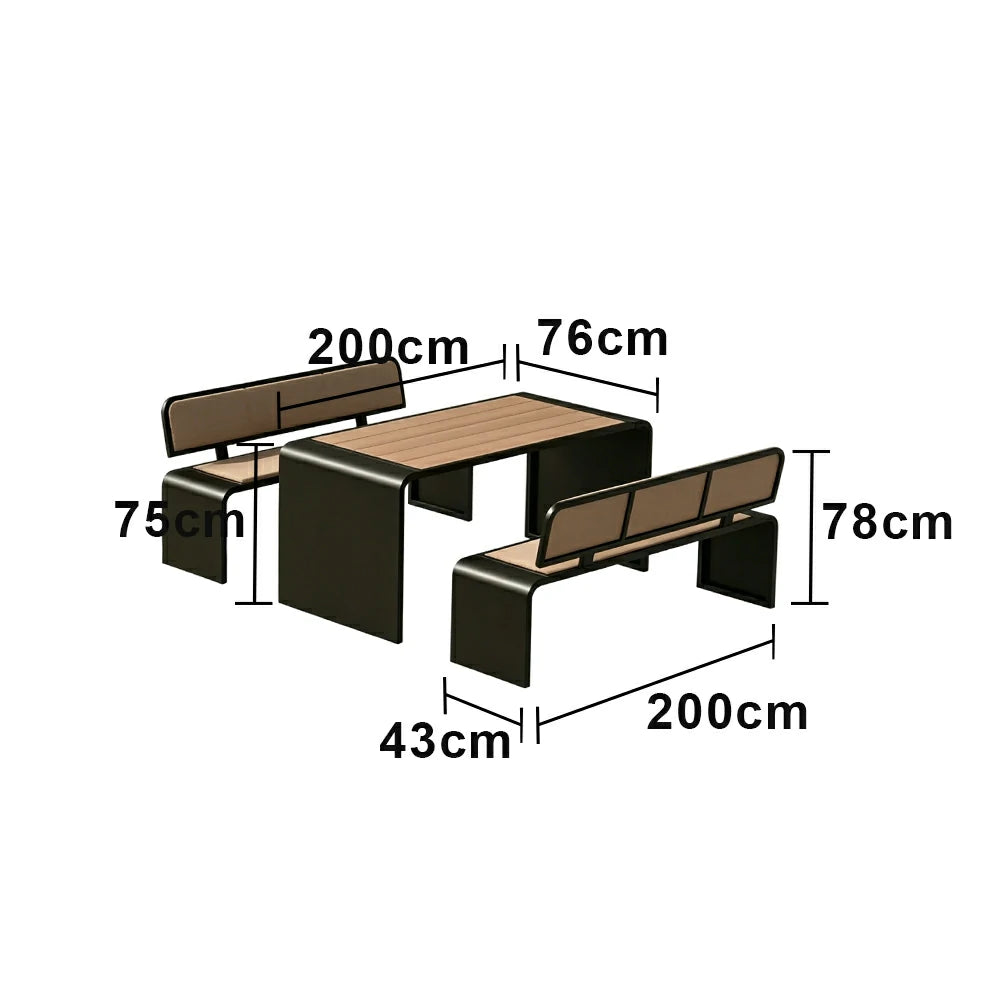 SOLARA Outdoor Table Bench Set Backrest Seating 120/160/200cm Patio Garden Cafe Dining Set - Black