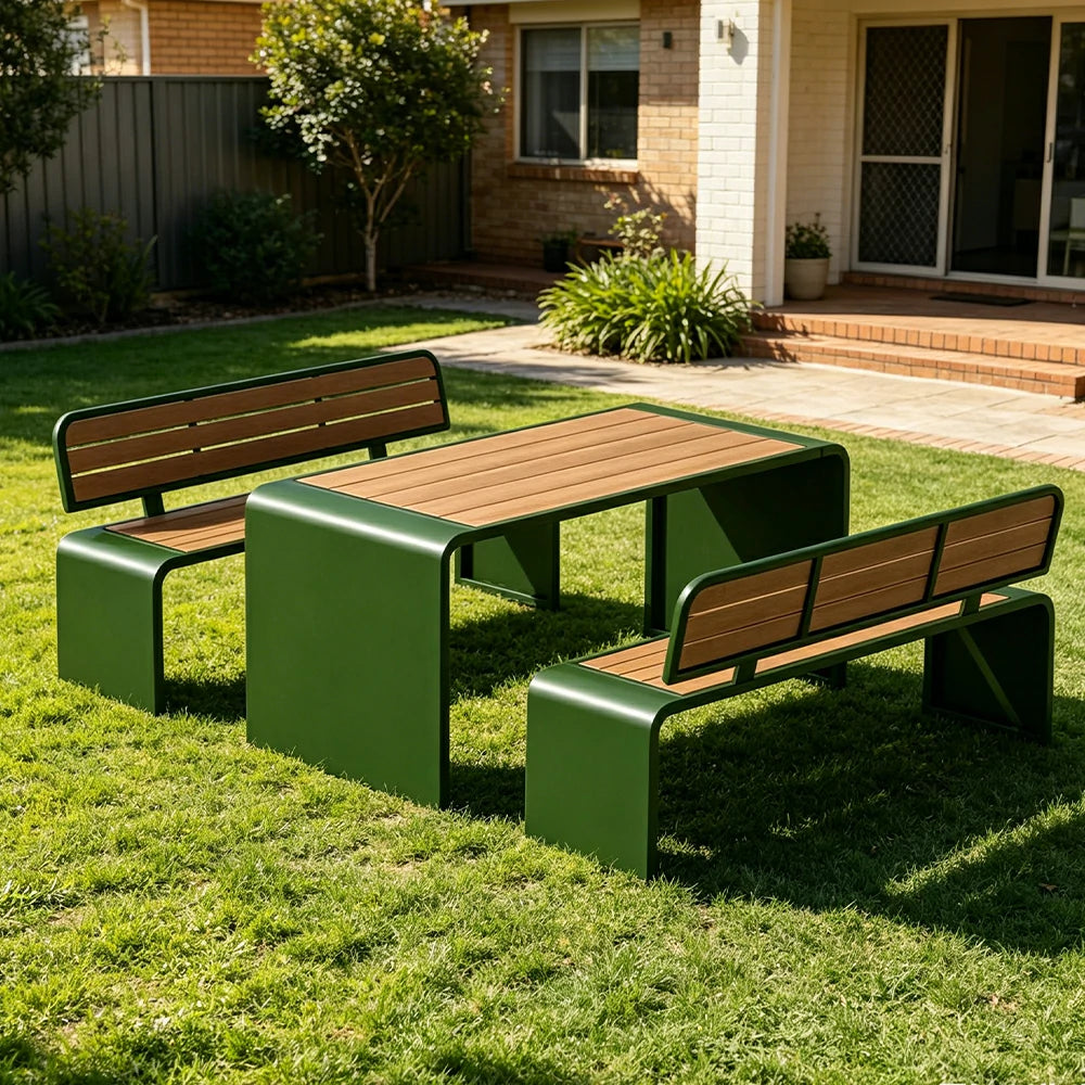 SOLARA Outdoor Table Bench Set Backrest Seating 120/160/200cm Patio Garden Cafe Dining Set - Green