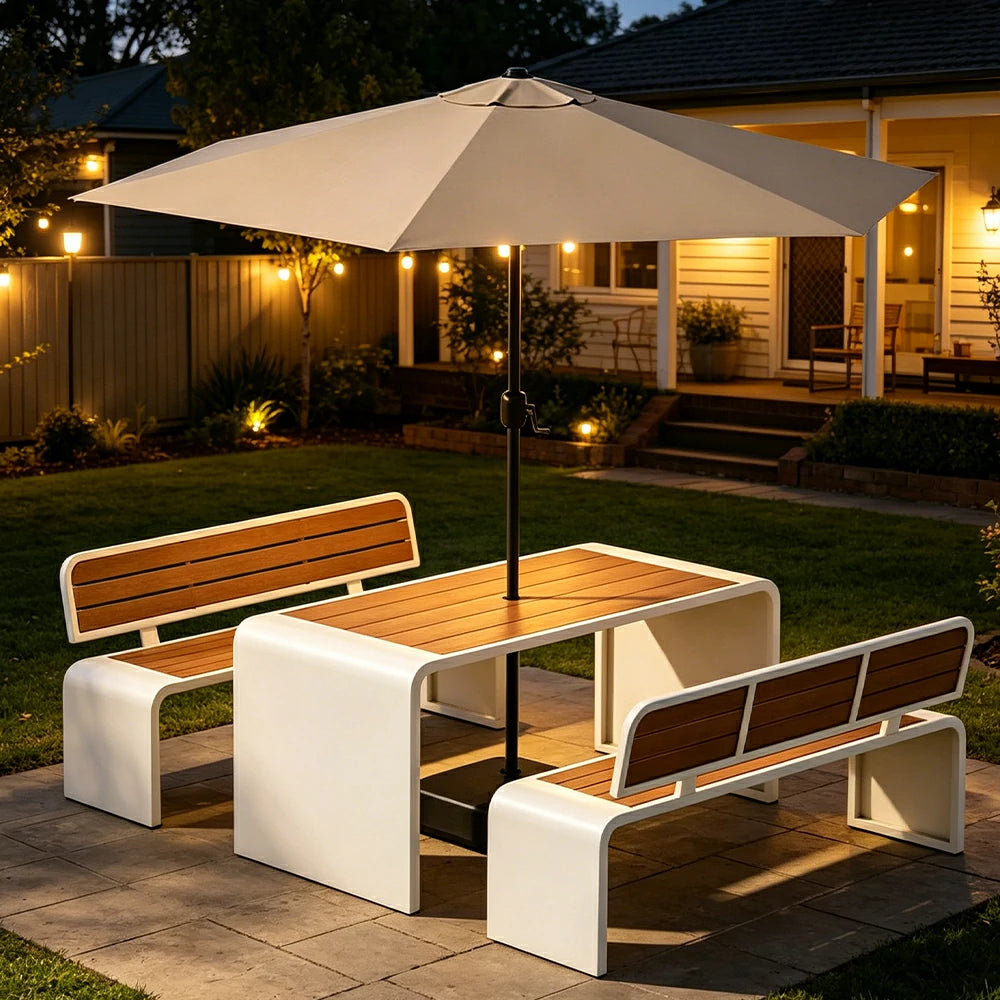 SOLARA Outdoor Table Bench Set with Umbrella 120/160/200cm Patio Garden Cafe Dining Set - White