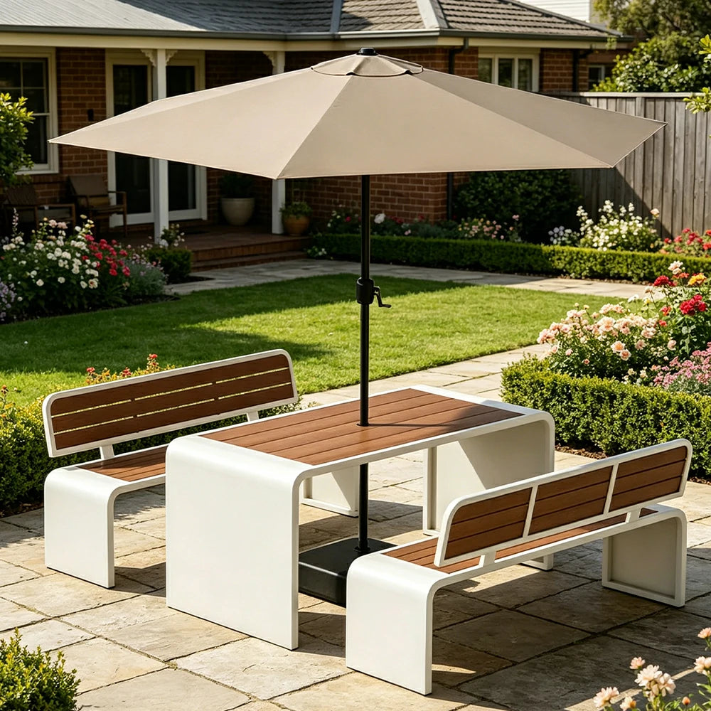 SOLARA Outdoor Table Bench Set with Umbrella 120/160/200cm Patio Garden Cafe Dining Set - White