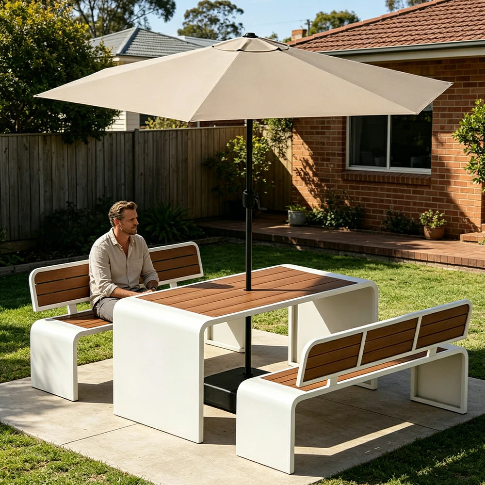 SOLARA Outdoor Table Bench Set with Umbrella 120/160/200cm Patio Garden Cafe Dining Set - White