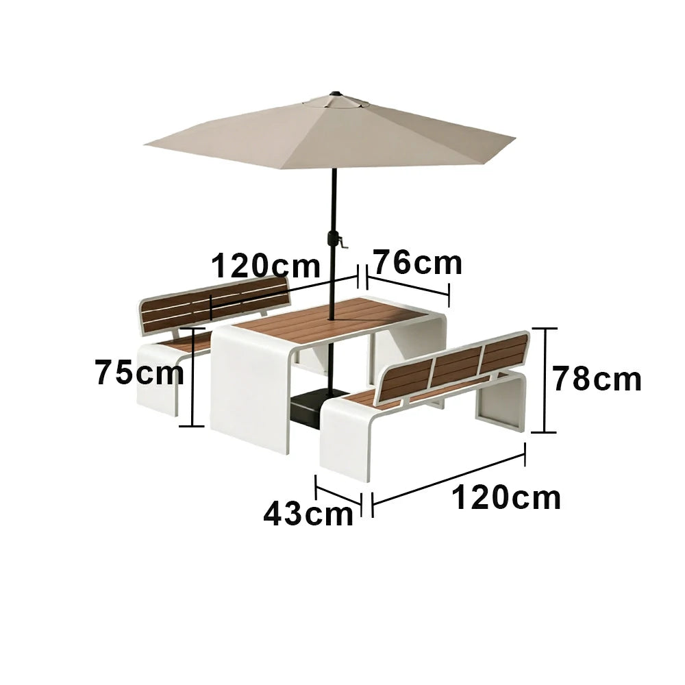 SOLARA Outdoor Table Bench Set with Umbrella 120/160/200cm Patio Garden Cafe Dining Set - White