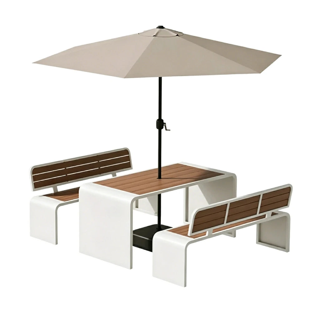 SOLARA Outdoor Table Bench Set with Umbrella 120/160/200cm Patio Garden Cafe Dining Set - White