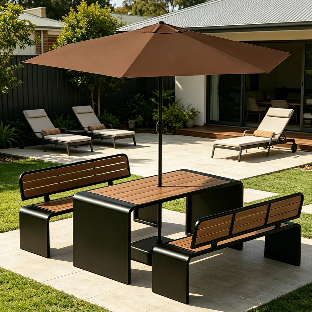 SOLARA Outdoor Table Bench Set with Umbrella 120/160/200cm Patio Garden Cafe Dining Set - Black