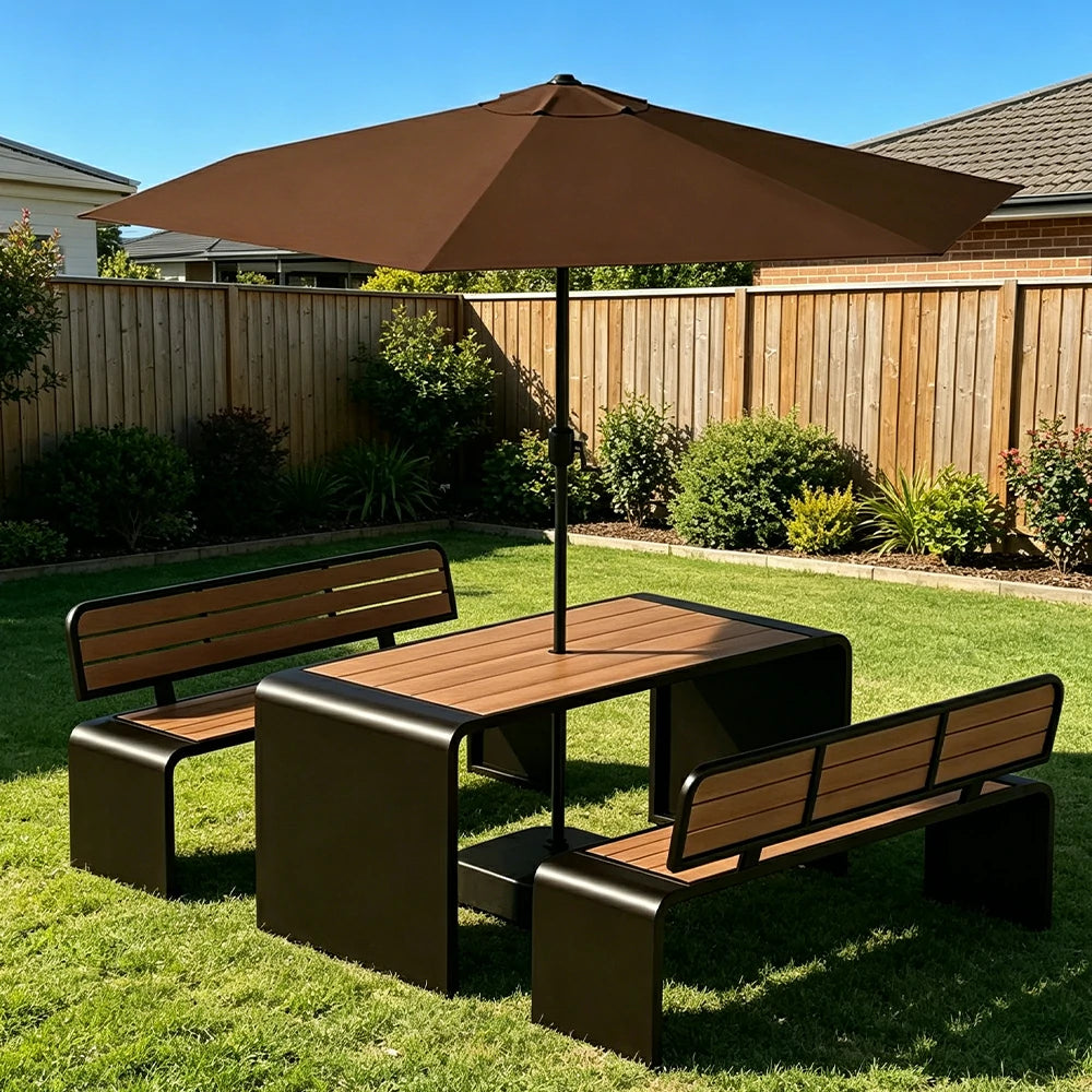 SOLARA Outdoor Table Bench Set with Umbrella 120/160/200cm Patio Garden Cafe Dining Set - Black