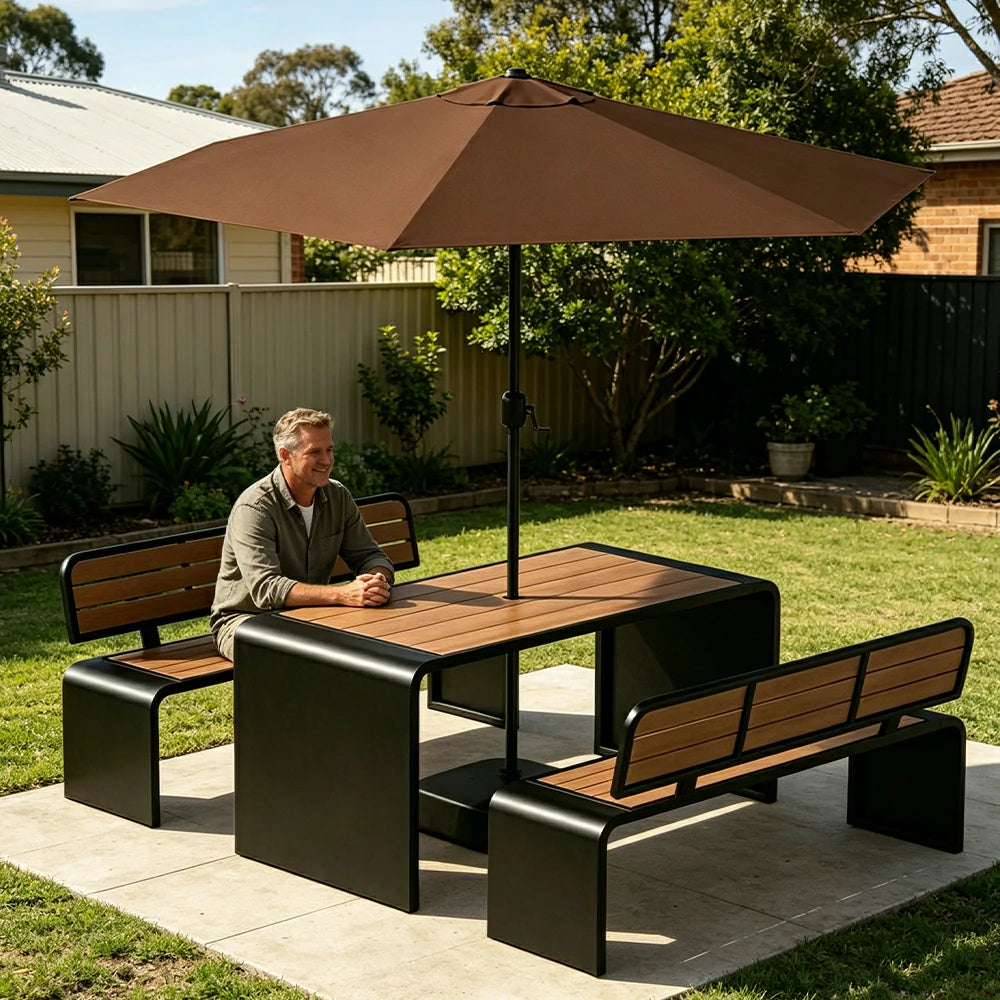 SOLARA Outdoor Table Bench Set with Umbrella 120/160/200cm Patio Garden Cafe Dining Set - Black