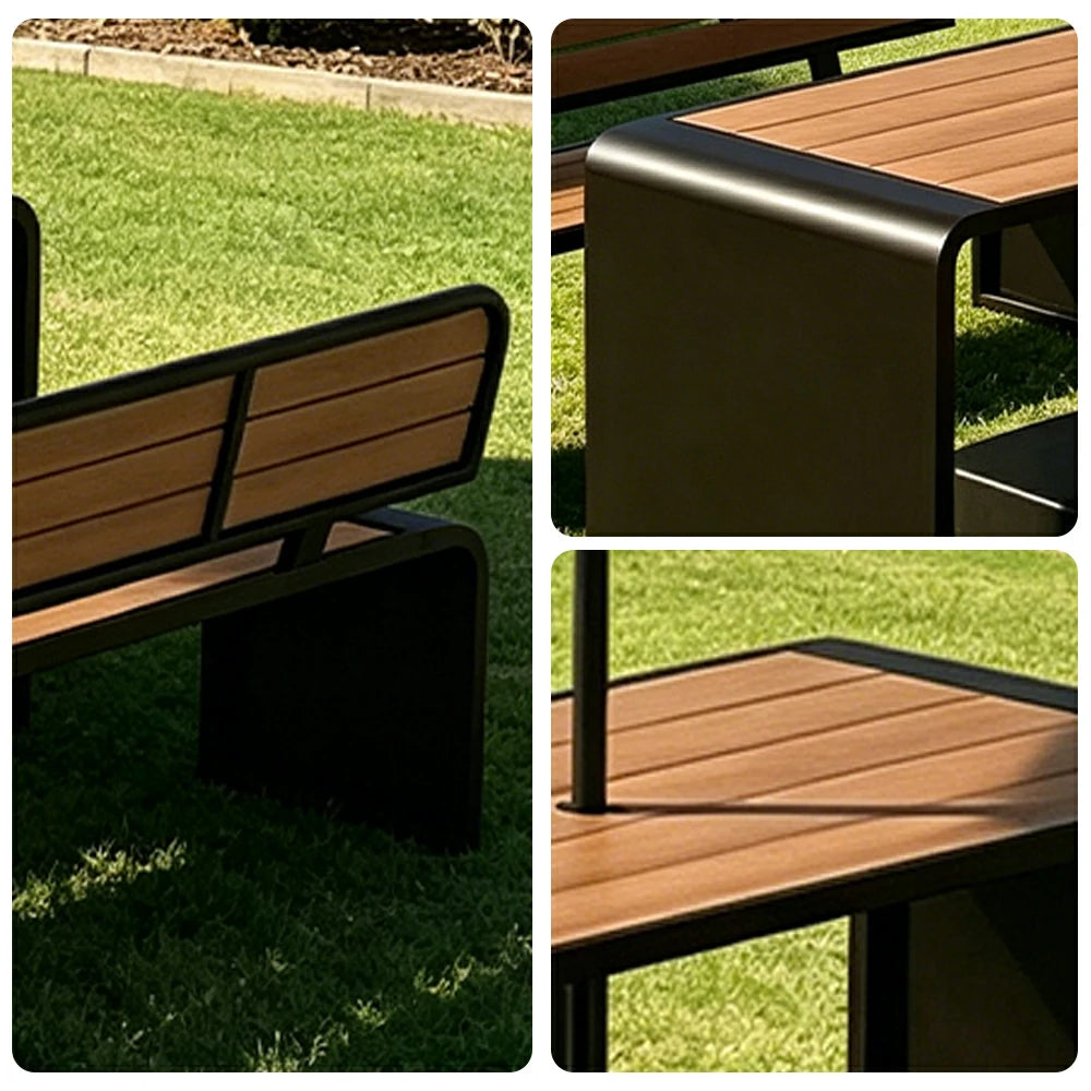 SOLARA Outdoor Table Bench Set with Umbrella 120/160/200cm Patio Garden Cafe Dining Set - Black