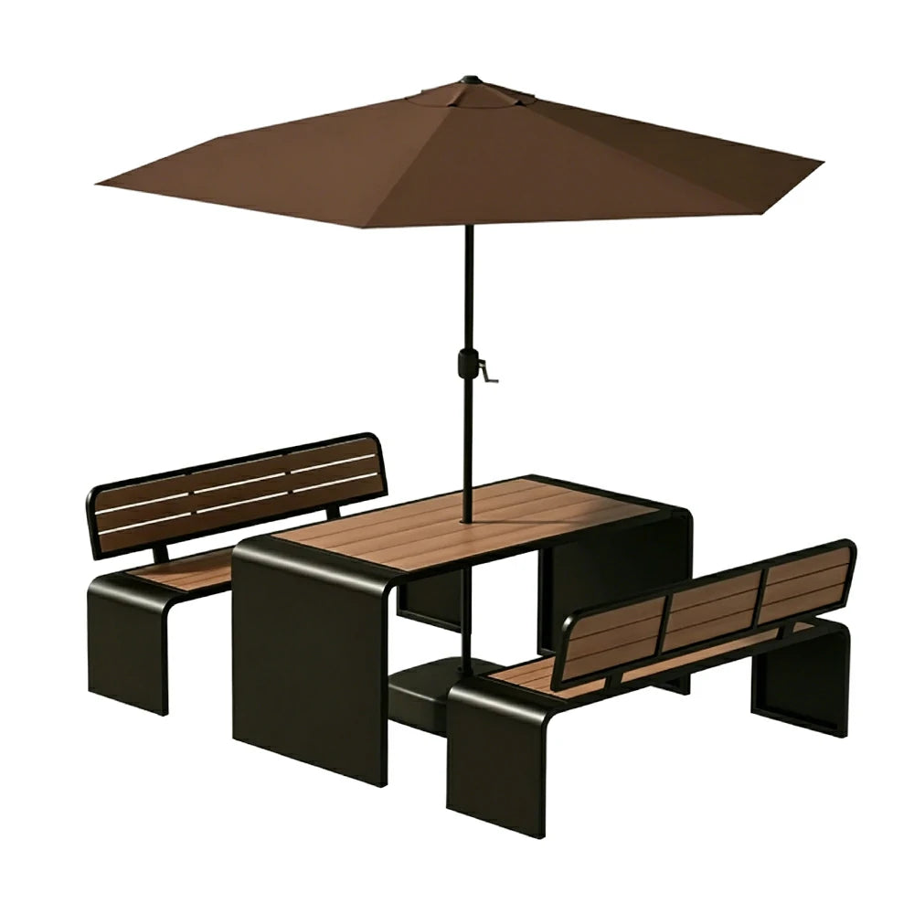 SOLARA Outdoor Table Bench Set with Umbrella 120/160/200cm Patio Garden Cafe Dining Set - Black