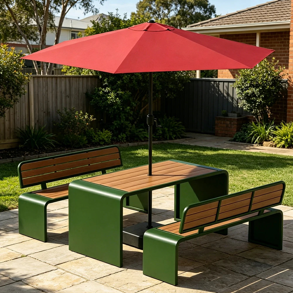 SOLARA Outdoor Table Bench Set with Umbrella 120/160/200cm Patio Garden Cafe Dining Set - Green