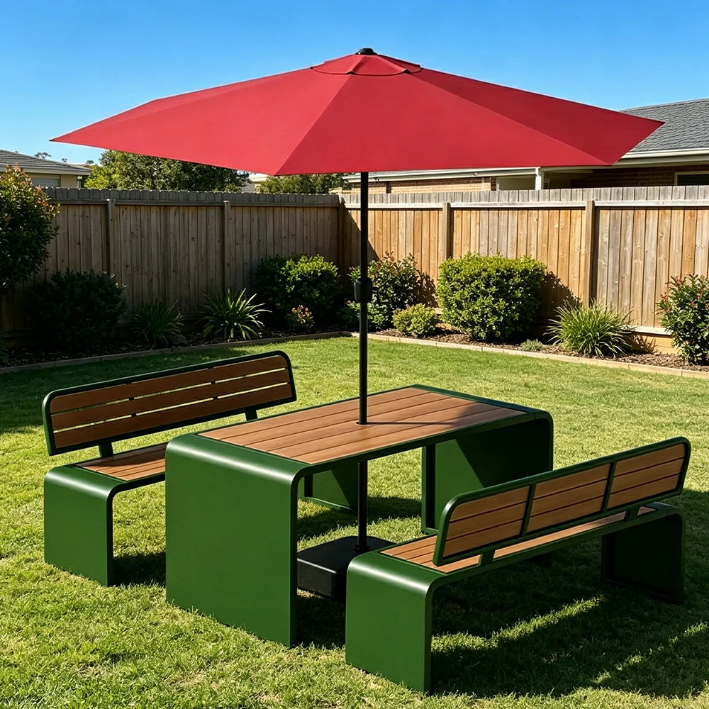 SOLARA Outdoor Table Bench Set with Umbrella 120/160/200cm Patio Garden Cafe Dining Set - Green