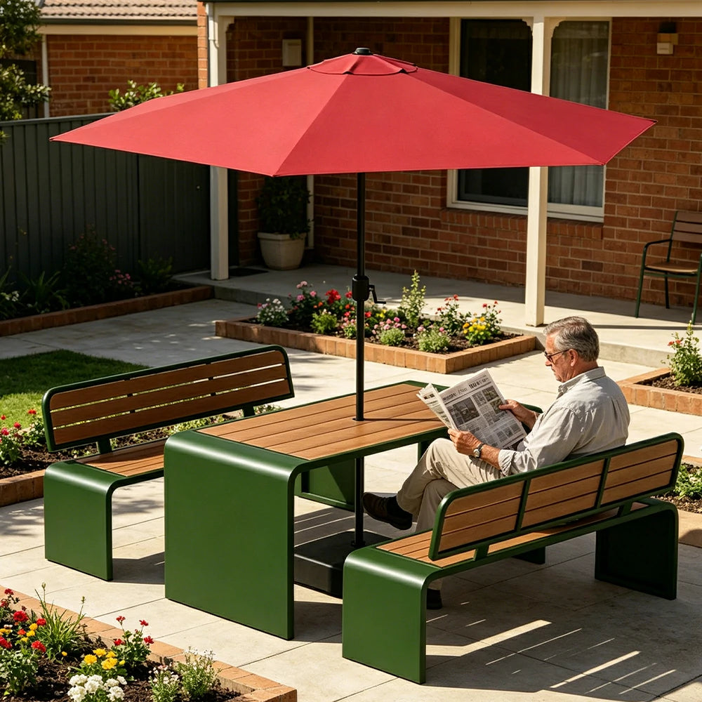 SOLARA Outdoor Table Bench Set with Umbrella 120/160/200cm Patio Garden Cafe Dining Set - Green
