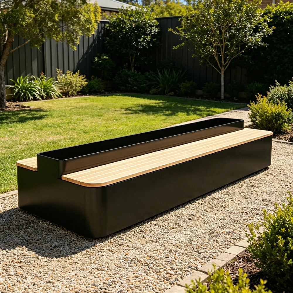 SOLARA Outdoor Planter Bench Double-Sided Seating 100/150/180cm Patio Garden Cafe Commercial Use - Black