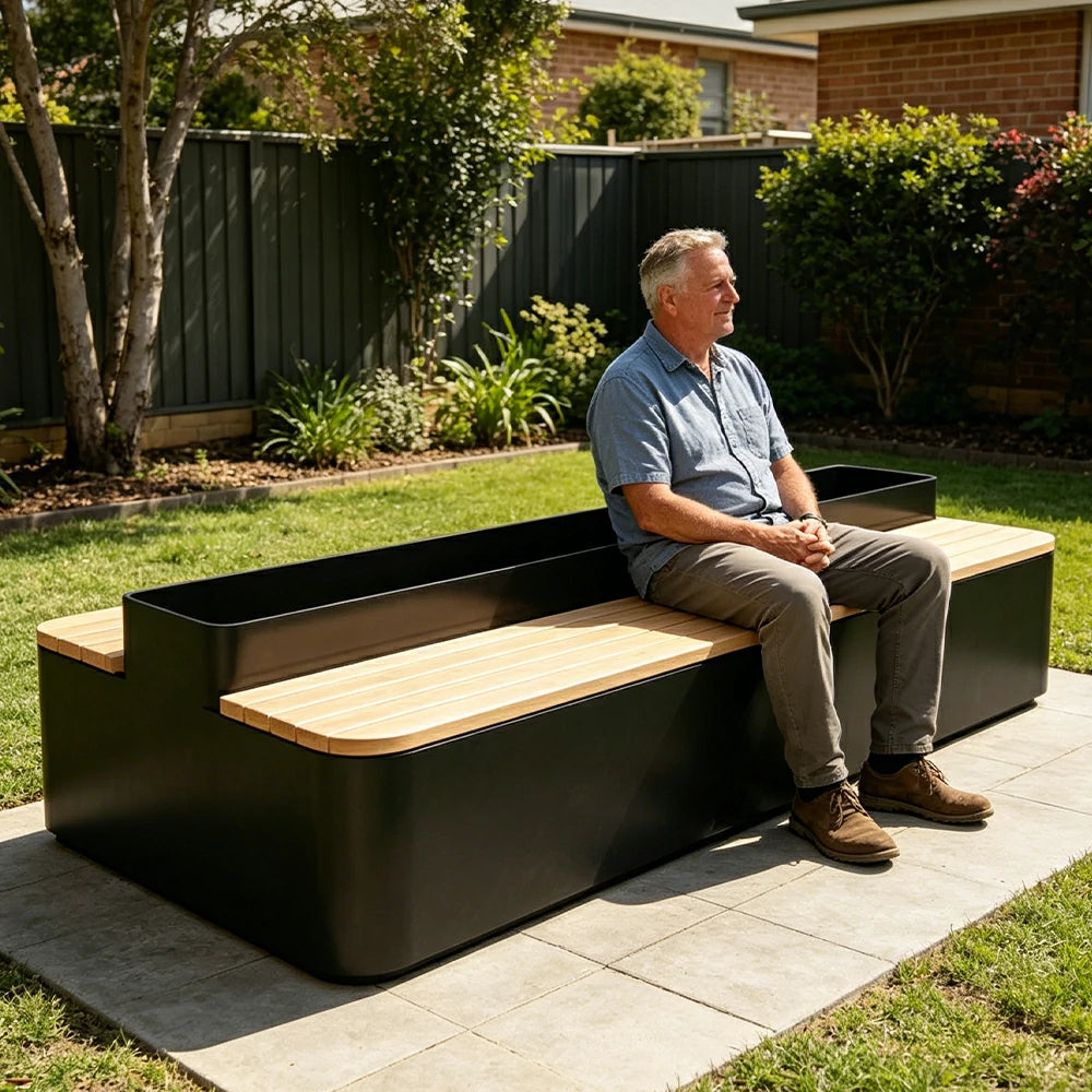 SOLARA Outdoor Planter Bench Double-Sided Seating 100/150/180cm Patio Garden Cafe Commercial Use - Black