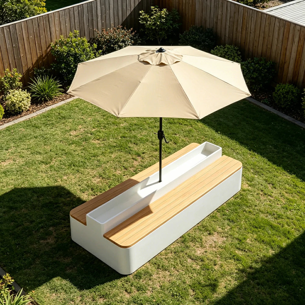 SOLARA Outdoor Planter Bench with Umbrella Double-Sided Seating 100/150/180cm Patio Cafe Garden Use - White