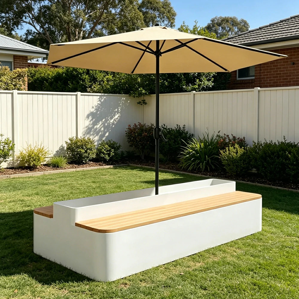 SOLARA Outdoor Planter Bench with Umbrella Double-Sided Seating 100/150/180cm Patio Cafe Garden Use - White