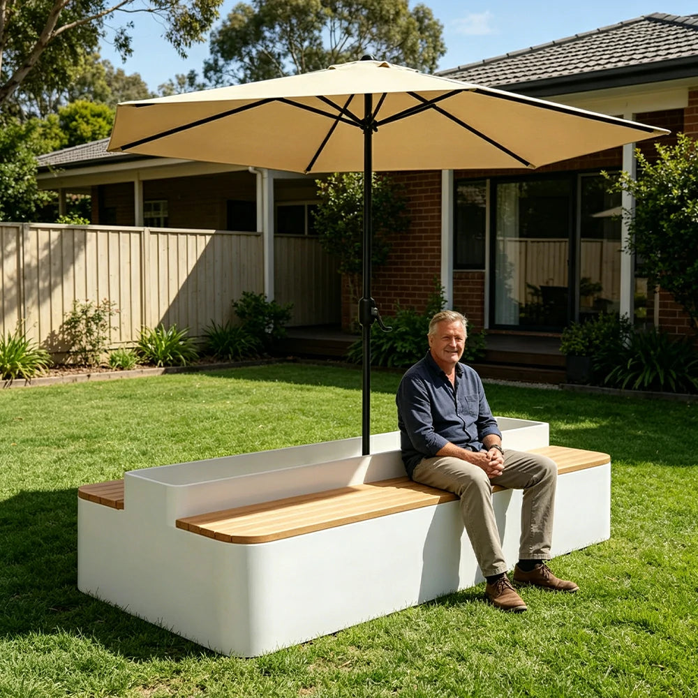 SOLARA Outdoor Planter Bench with Umbrella Double-Sided Seating 100/150/180cm Patio Cafe Garden Use - White